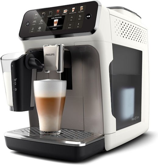 Philips Series 4400 Αυτόματη Μηχανή Espresso 1500W Πίεσης 15bar για Cappuccino με Μύλο Άλεσης Λευκή