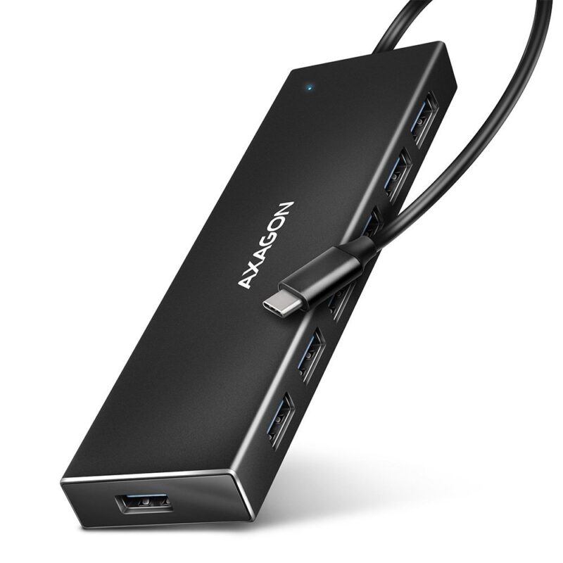 AXAGON HUE-F7C 7X USB 3.2 GEN 1 ALU FLAT HUB, MICRO USB POWER IN, 30CM USB-C CABLE