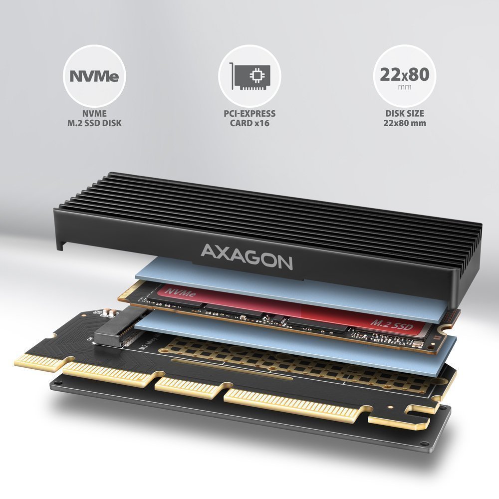 AXAGON PCEM2-XS PCI-E 3.0 16X - M.2 SSD NVME, UP TO 80MM SSD, LOW PROFILE, HEATSINK