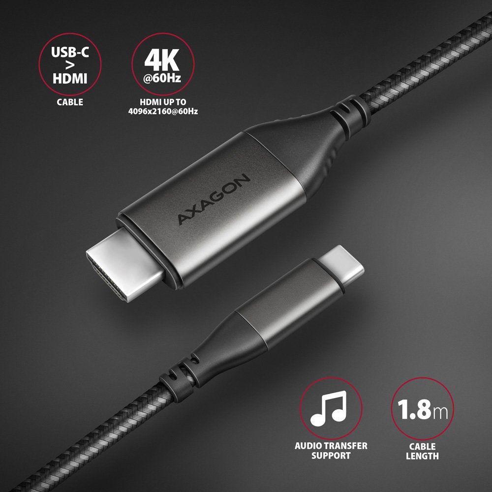 AXAGON RVC-HI2MC USB-C -> HDMI 2.0 ADAPTER 4K/60HZ ALUMINUM, 1,8M CABLE