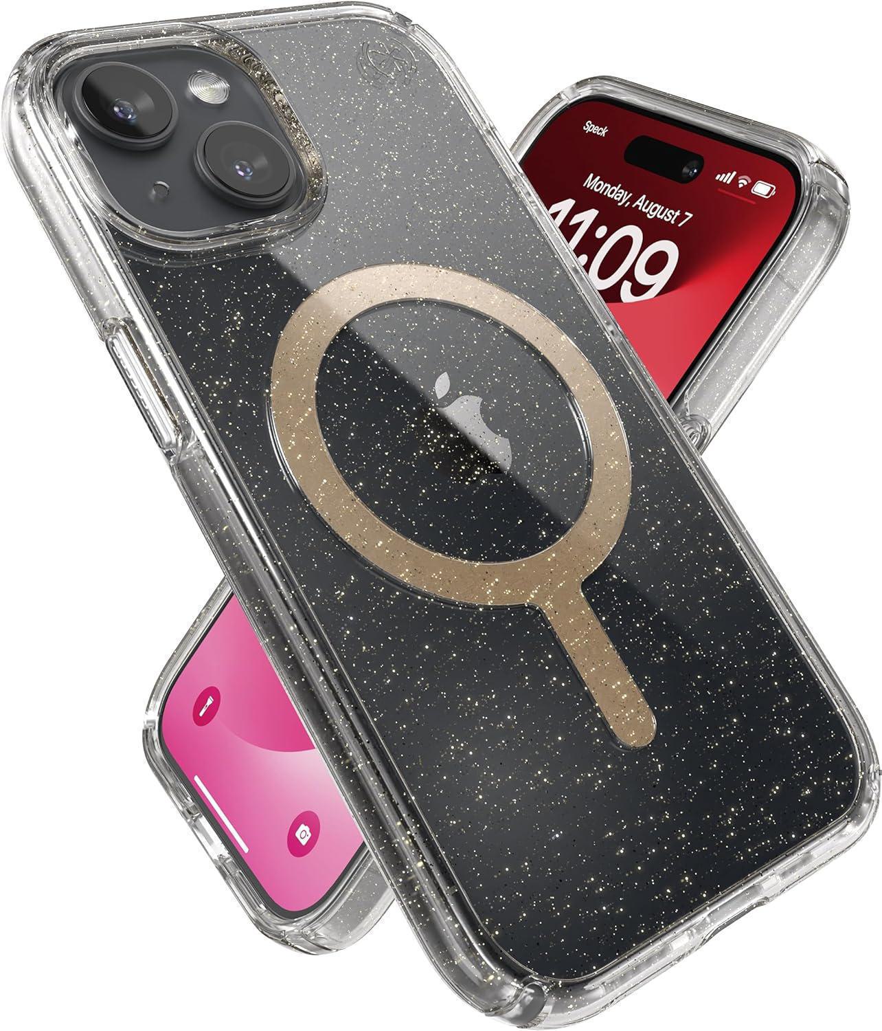 SPECK (150555-3216 )IPHONE 15/IP14/IP13  MAGSAFE CASE, PRESIDIO LUX ( CLEAR/GOLD GLITTER )