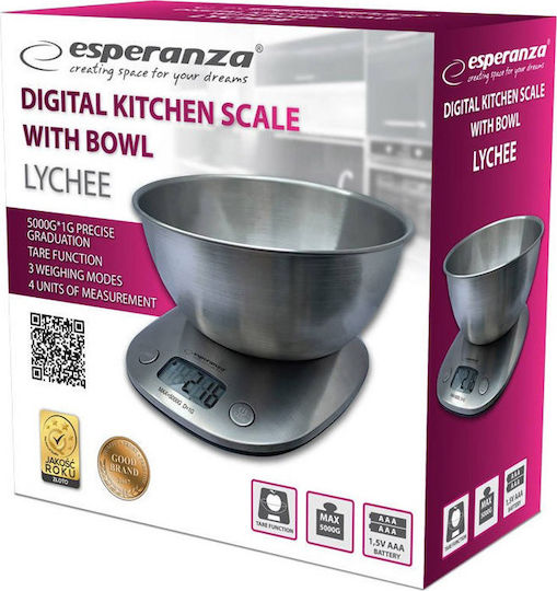 Esperanza Lychee EKS008 Ψηφιακή Ζυγαριά Κουζίνας με Κάδο έως 5kg Ασημί